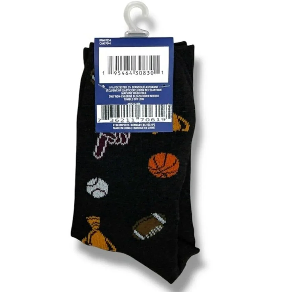 Sports Themed Crew Socks Mens Novelty Print Black Unisex OS Shoe Size 6-12 New
